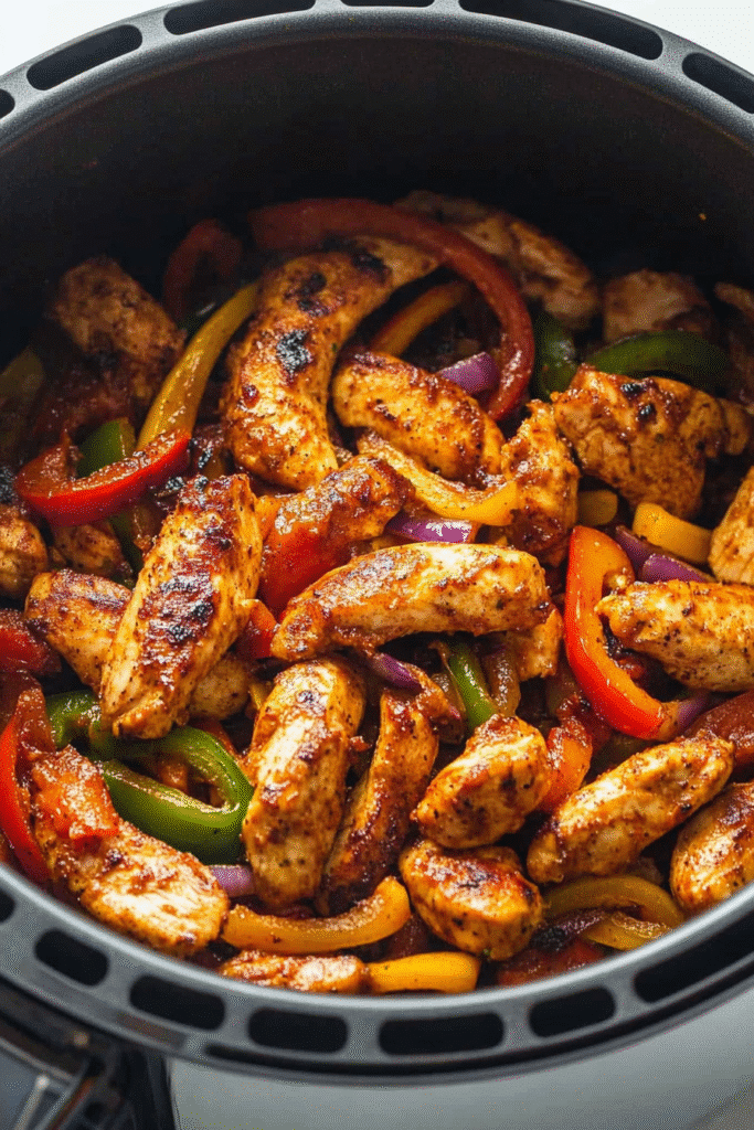Air fryer chicken fajitas with charred peppers and juicy chicken in basket