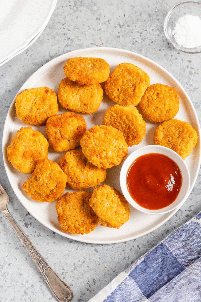 Crispy frozen chicken nuggets served on a white plate with ketchup