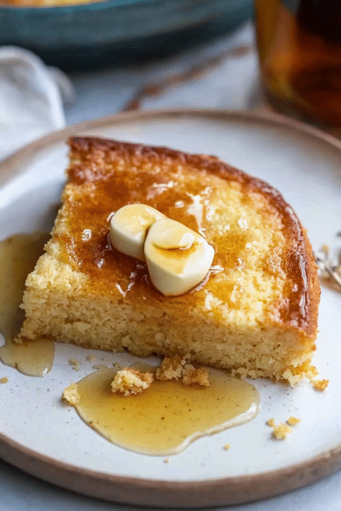 Stacked slices of golden brown air fryer cornbread on a ceramic plate