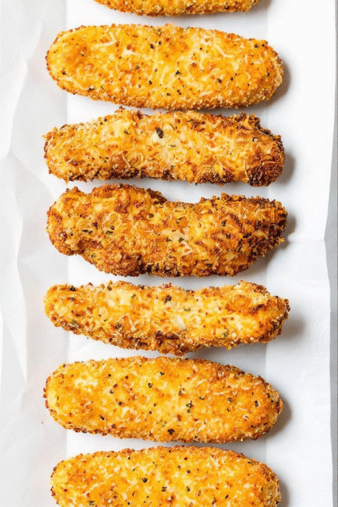 Top view of golden crispy air fryer chicken tenders lined on white parchment paper