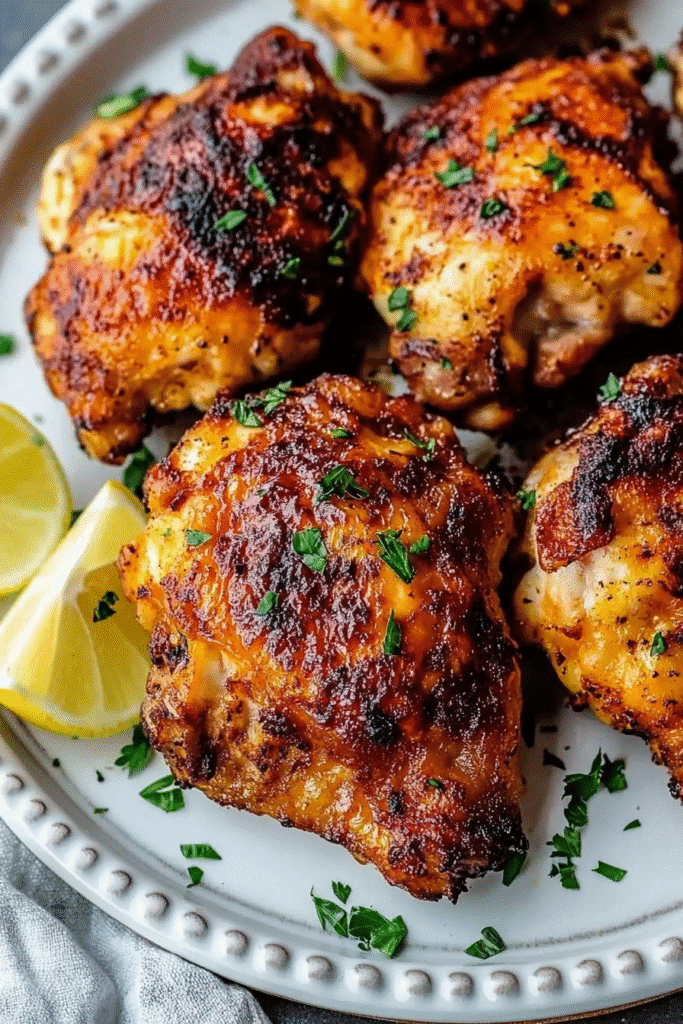 Crispy air fryer chicken thighs on a white plate garnished with parsley and lemon wedges.