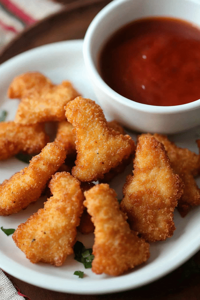 Bowl of crispy air fryer chicken nuggets with ketchup