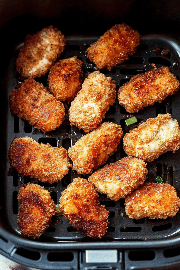 Crispy chicken nuggets in air fryer basket, golden brown and evenly spaced.