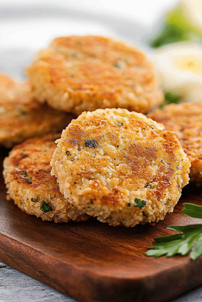 Crispy air fryer chicken patties stacked on a wooden board, golden brown and perfectly cooked.