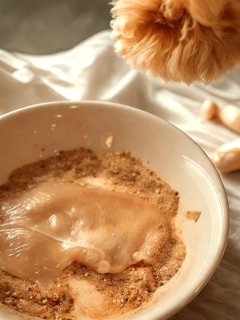 air fry chicken cutlets being coated in breadcrumbs