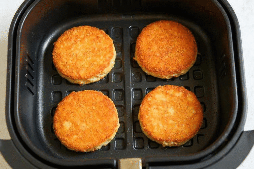 Breaded chicken patties arranged in an air fryer basket