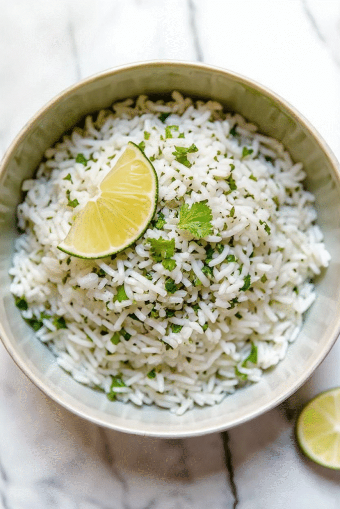 Cooked quick cilantro lime rice with lime wedge and cilantro on top