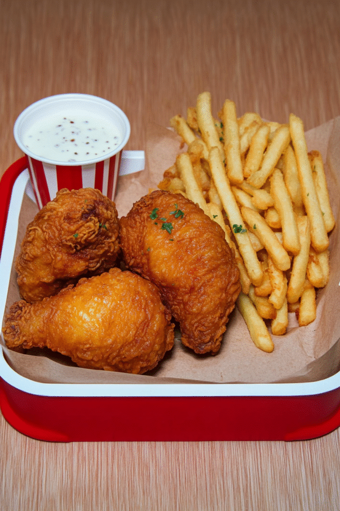 A red tray with crispy fried chicken drumsticks and a box of golden French fries.