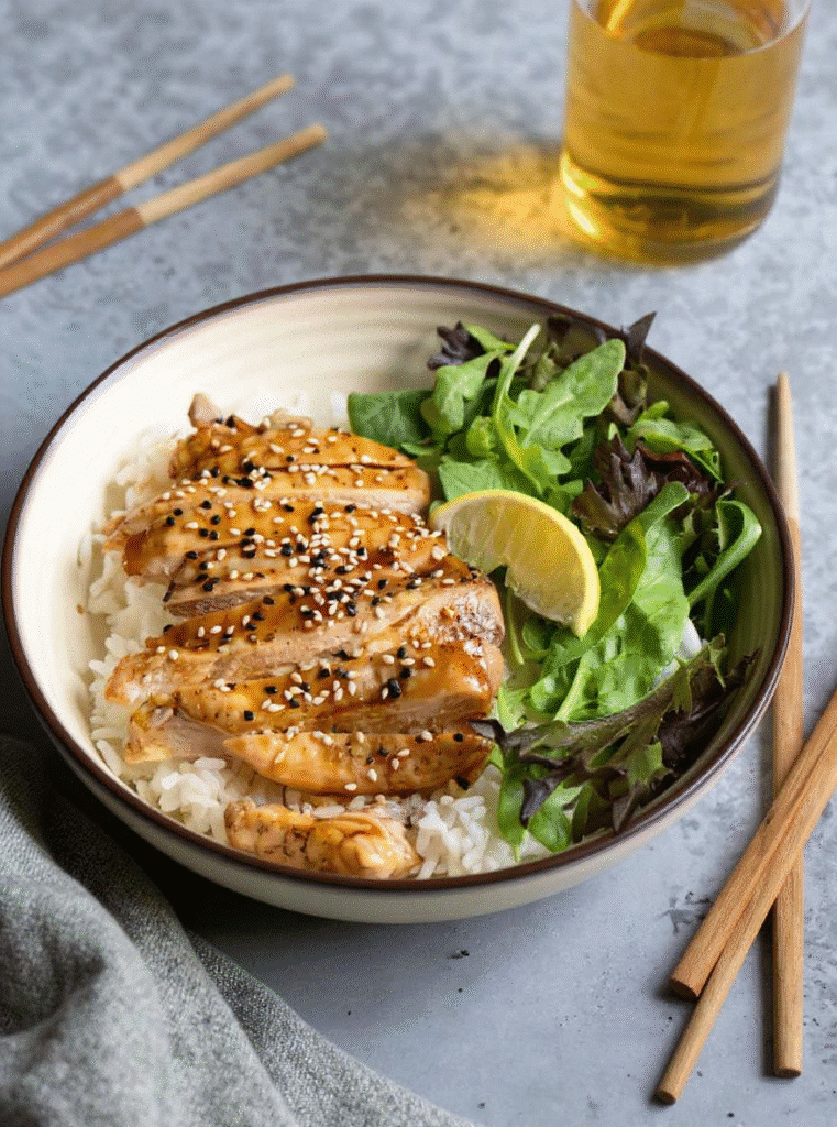 Overhead view of teriyaki chicken air fryer bowl with chopsticks and drink