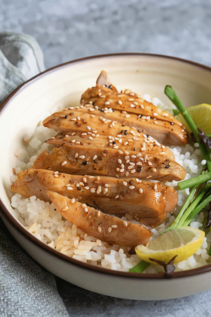 Sliced teriyaki chicken on rice with sesame seeds and lemon