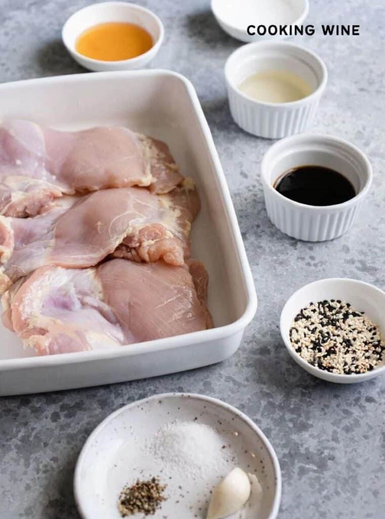Ingredients for teriyaki chicken air fryer recipe labeled in ramekins