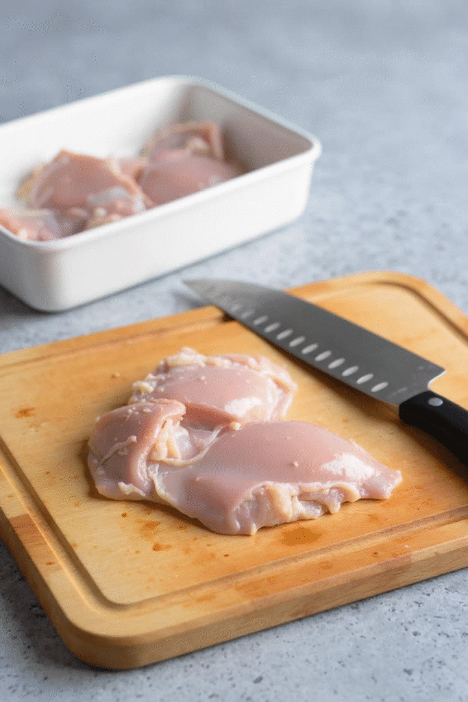 Raw boneless chicken thighs being prepped for teriyaki air fryer recipe